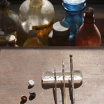 Outils de calligraphie et bouteilles anciennes sur une table en bois.