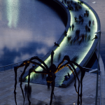 Sculpture d'araignée géante avec passerelle éclairée près de l'eau la nuit