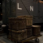 Wagons anciens et paniers en osier sur un quai de gare