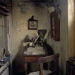 Bureau ancien avec objets d'écriture vintage