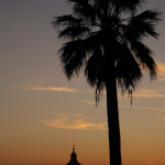 Coucher de soleil avec palmier et dôme d'église
