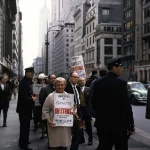 Manifestation de travailleurs avec des pancartes "On Strike" dans une rue urbaine