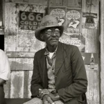Homme âgé posant devant des affiches vintage