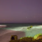 Vue nocturne sur l'océan avec vieux jetée