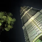 Gratte-ciel moderne et palmier sous un ciel nocturne