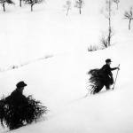 Ramassage de bois en hiver sur une colline enneigée
