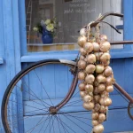 Bicyclette avec grappes d'oignons devant une vitrine bleue