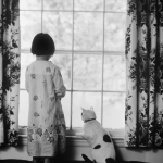 Enfant et chat regardant par la fenêtre