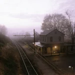 Gare de campagne enveloppée dans le brouillard