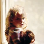 Enfant regardant par la fenêtre avec une poupée