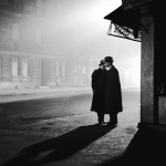 Conversation nocturne sous un lampadaire devant une coifferie