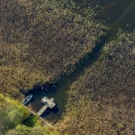 Vue aérienne d'un quai en bois et d'un marais