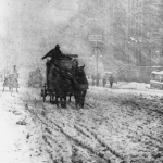 Chariot tiré par des chevaux dans une rue enneigée