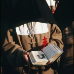 Religieux en habit liturgique tenant un livre de prières.