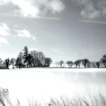 Paysage hivernal avec maisons et arbres sous un ciel nuageux