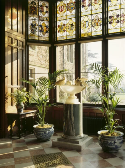 Vitrail lumineux et décor élégant dans une pièce victorienne