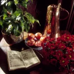 Nature morte avec livre, grenades, pot en laiton et plantes