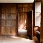 Salle en bois avec porte ouverte et grande fenêtre ensoleillée