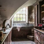 Ancienne cuisine rustique avec évier en pierre sous une fenêtre