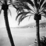 Vue sur la Méditerranée avec palmiers et personnes