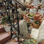 Escalier extérieur avec rampe en fer forgé et feuilles d'automne.