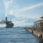 Bateau de croisière arrivant au port sous un ciel bleu
