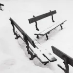 Bancs recouverts de neige dans un parc hivernal