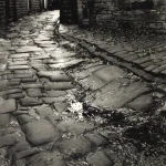 Rue pavée ancienne après la pluie