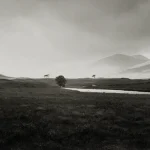 Horizon désertique avec arbres solitaires près d'une rivière, sous un ciel nuageux en noir et blanc