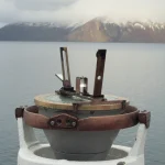 Boussole marine ancienne avec des montagnes en arrière-plan