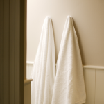 Deux serviettes blanches accrochées dans une salle de bain