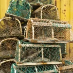 Piles de casiers à crustacés en filet devant une paroi jaune