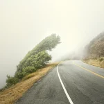 Route montagneuse dans le brouillard dense