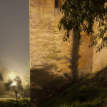 Mur ensoleillé avec végétation et fenêtre