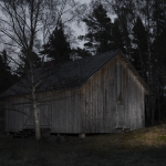 Cabane en bois dans une forêt sombre