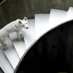 Chien blanc sur un escalier en colimaçon