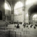 Hall monumental de gare avec voyageurs