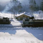 Trains en hiver près d'une gare enneigée