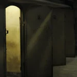 Couloir sombre avec portes métalliques