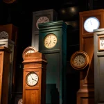Collection de Grands Horloges dans une Salle Sombre