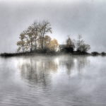 Île brumeuse avec cabane et arbres automnaux