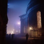 Scène de nuit brumeuse avec bâtiment éclairé et silhouettes de passants