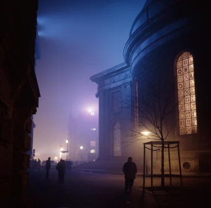 Scène de nuit brumeuse avec bâtiment éclairé et silhouettes de passants