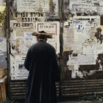 Homme lisant des affiches religieuses sur un mur