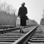 Femme avec valise sur une voie ferrée