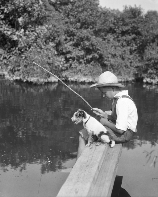 AKG7725716.webp Garçon pêchant avec son chien au bord d'un lac – Image 1
