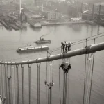Ouvriers sur un pont en construction au-dessus d'un fleuve industriel