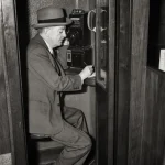 Homme utilisant une cabine téléphonique rétro