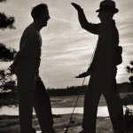 Conversation au bord du lac au coucher du soleil