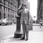 Homme en costume touchant son chapeau dans une rue de la ville